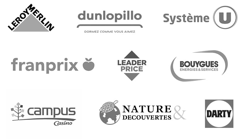 Logos : Leroy Merlin, Dunlopillo, Système U, Franprix, Leader Price, Bouygues Energies & Services, Campus Casino, Nature & Découverte, Darty.