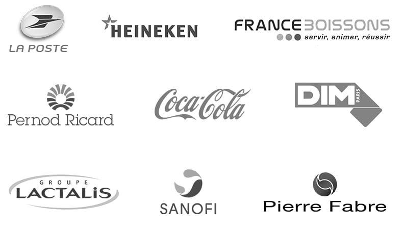 Logos : La Poste, Heineken, France Boissons, Groupe Pernod Ricard, Coca-Cola, Dim, Lactalis, Sanofi Aventis, Pierre Fabre.