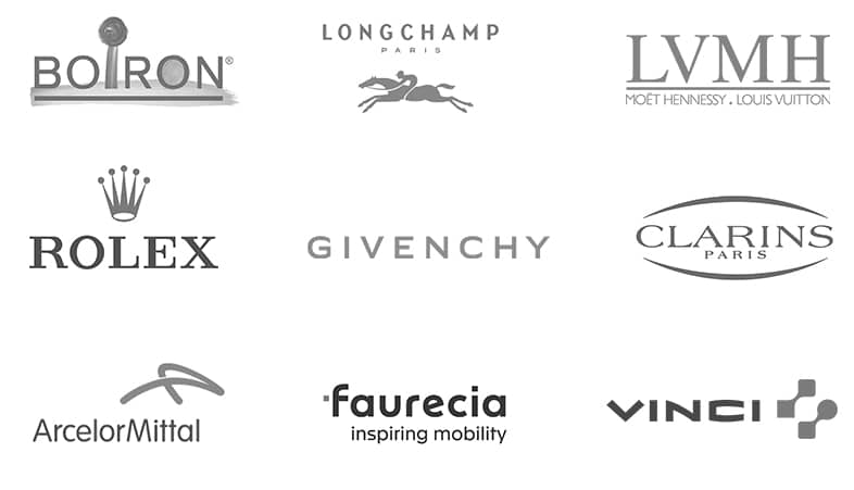 Logos : Boiron, Longchamp, LVMH, Rolex, Givenchy, Clarins, Arcellor Mittal, Faurecia, Vinci.