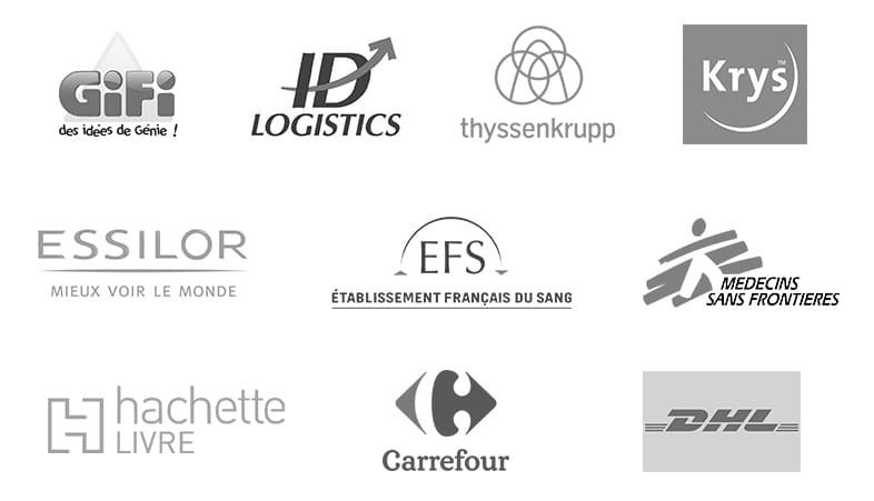 Logos : Gifi, ID Logistics, Thyssenkrupp, Krys, Essilor, Etablissement Français du sang, Médecins sans frontières (MSF), Hachette, Carrefour, DHL.